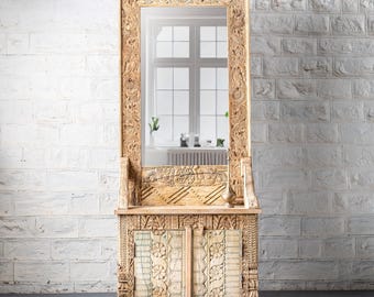 Vintage Wooden Dressing Table with Ornate Mirror and Storage Drawers, Hand-Carved Solid Wood Vanity