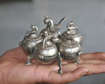 Vintage Brass Peacock Tika Box | 5 Compartment Nickel-Plated Sindoor Holder | Antique Box kumkum Box, Indian Spice Box , German Silver Box