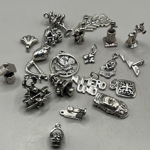 Bracelet Charms, Trees, Cards, Flowers, Firecrackers, Phone, Leprechaun, Thimble, Megaphone, Lightening, Money Bag Sterling Silver .925