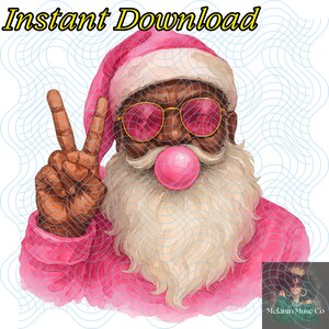 Retro Black Santa Pink Christmas Blowing Bubble PNG, Vintage Christmas PNG, Funny Santa With Sunglasses Xmas Holiday PNG Sublimation Digital