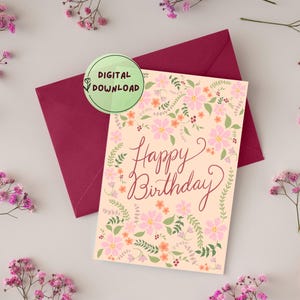 Cartão de aniversário Cartão de aniversário floral para impressão Cartão de aniversário para ela