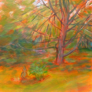 May include: A painting of a forest scene with a large tree in the center. The tree has a thick trunk and branches that reach up into the sky. The leaves of the tree are a mix of green, yellow, and orange. In the foreground, there is a small figure sitting on the ground. The figure is wearing a long robe and has its head bowed in meditation. The background of the painting is a blur of colors, suggesting the forest is deep and mysterious.