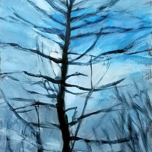 Könnte beinhalten: Abstrakte Malerei eines Baumes mit schwarzen Ästen vor einem blauen und weißen Hintergrund.