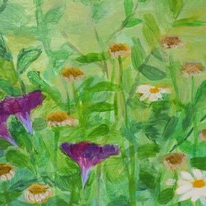May include: A painting of a field of wildflowers with purple, white, and yellow flowers. The flowers are painted in a loose, impressionistic style.