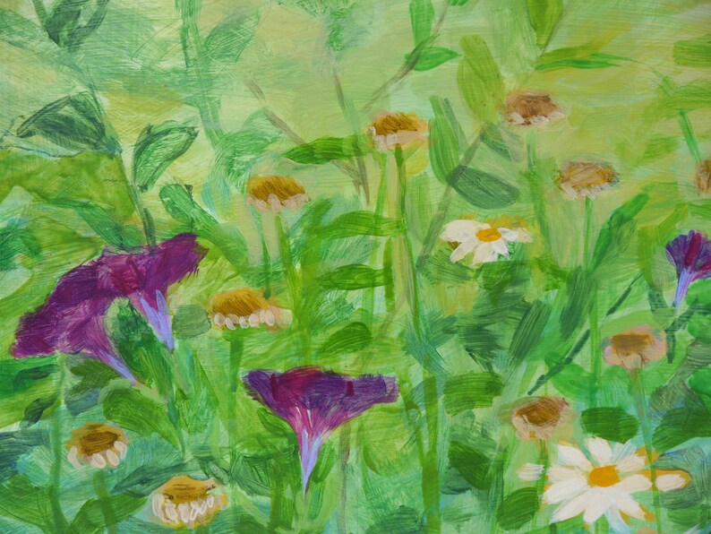 May include: A painting of a field of wildflowers with purple, white, and yellow flowers. The flowers are painted in a loose, impressionistic style.