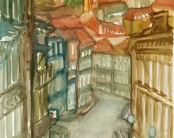 View from B28 Apartments, original watercolor plein air cityscape travel study, fine art by Irene Stapleford, wantknot shop