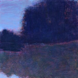 May include: A painting of a dark blue landscape with a line of trees in the background and a field in the foreground. The sky is a light blue color.