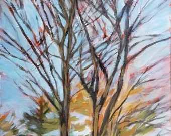 Maples, Winter Sun - landscape painting, original art, plein air study - by Irene Stapleford - wantknot shop