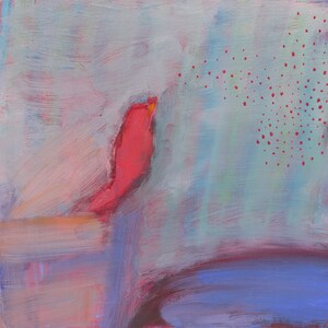 May include: Abstract painting with a red bird-like shape on the left and a scattering of red dots on the right. The background is a blend of light blue, pink, and purple.