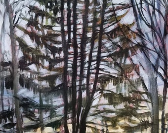 Neighbor's Spruce, Gray December Day (*Late for Dinner) - original art, landscape painting - by Irene Stapleford - wantknot shop