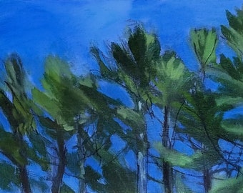 Tall Pines, Behind the House -- original small fine art landscape painting plein air -- Irene Stapleford -- wantknot shop