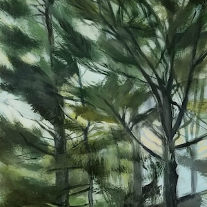 May include: A painting of a forest scene with tall, green trees. The trees are painted with thick brushstrokes, giving the painting a textured look. The light in the painting is soft and diffused, creating a sense of peace and tranquility.
