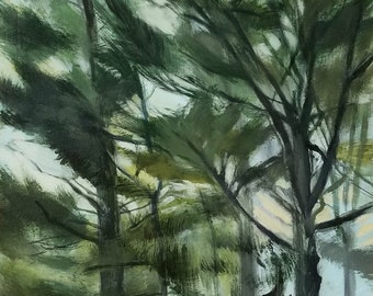 Pines, Early September (Rooting for Coco!) - original painting, plein air study by Irene Stapleford - wantknot shop