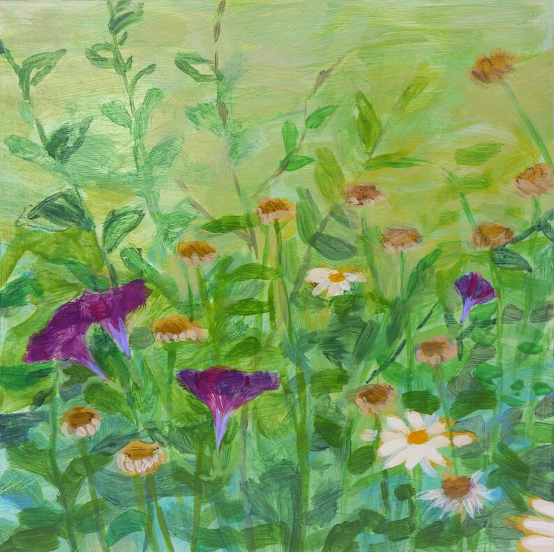 May include: A painting of a field of wildflowers in shades of purple, white, and yellow. The flowers are painted in a loose, impressionistic style, with visible brushstrokes. The background is a soft green.