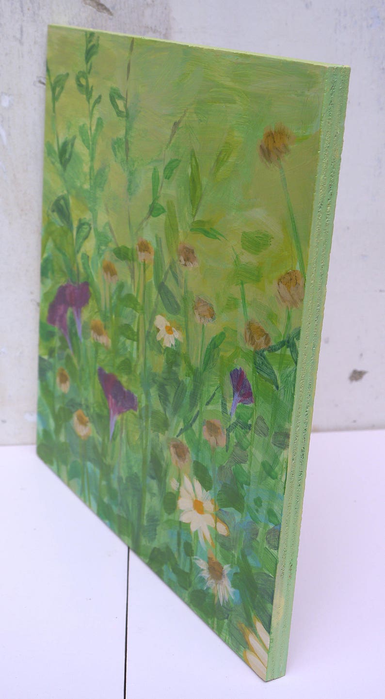 May include: A painting of a field of wildflowers in shades of green, purple, and white. The flowers are painted in a loose, impressionistic style.