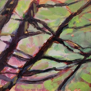 May include: An abstract painting of tree branches against a backdrop of green and pink hues. The dark brown branches create a network across the canvas, with visible brushstrokes adding texture. The artwork evokes a sense of nature and the outdoors.