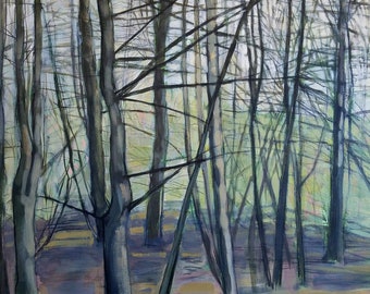 Quiet Trees - mixed media landscape painting, original art, plein air study - by Irene Stapleford - wantknot shop