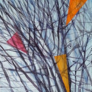 May include: Abstract painting with a blue background and black lines. Three triangles are layered over the lines, one is orange, one is pink, and one is yellow.