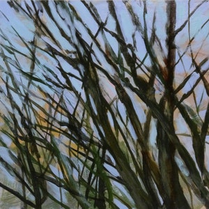 May include: An abstract painting of tree branches against a light blue and yellow sky. The branches are dark green and brown, with visible brushstrokes. The artwork evokes a sense of nature and the outdoors.
