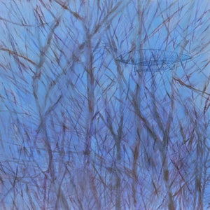 May include: A blue abstract painting with a faint image of a blimp in the upper right corner. The painting is made up of thin, brushstrokes that create a sense of depth and movement.