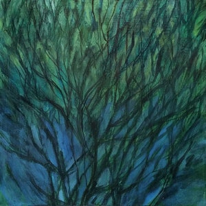 Branches Flow in Blues and Greens -- original small fine art landscape painting plein air -- Irene Stapleford -- wantknot shop
