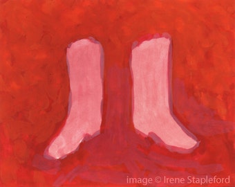 Pink Boots on Warm Red - original small gouache painting on heavy archival paper, affordable art - Irene Stapleford - wantknot shop