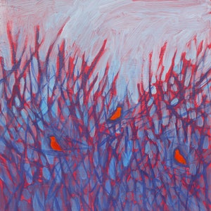 K&ouml;nnte beinhalten: Ein Acrylgem&auml;lde auf Leinwand mit drei kleinen orangefarbenen V&ouml;geln, die in einem dichten Dickicht aus dunkelvioletten und blauen Zweigen sitzen. Der Hintergrund besteht aus geschichteten Pinselstrichen in hellblau und rot.