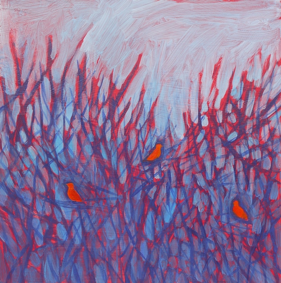 original acrylic painting medium size - Three Birds in Branches - original fine art, wall decor, bird decor - Irene Stapleford - wantknot
