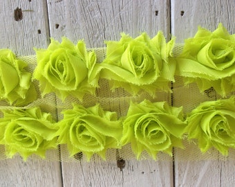 1//2 yard celery green 2.5/" shabby chiffon rose trim flowers DIY headband
