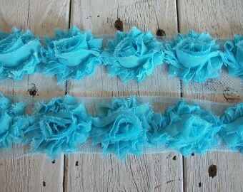 Shabby Chic  AQUA MINI Rose Trim on Net-1 1/2 inch- 1/2  yard and 1 yard