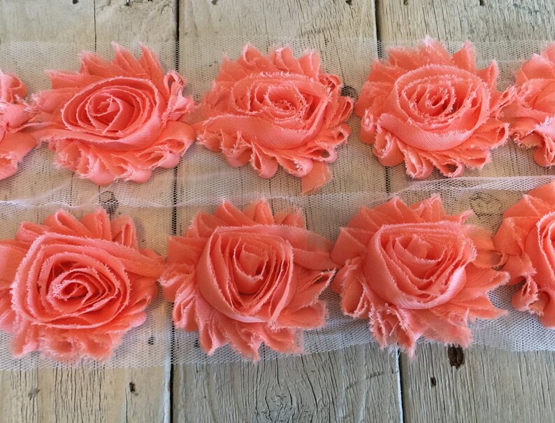 Shabby PEACH Rose Trim on Net-2 1/2 inch 1/2 yard and 1 yard image 1