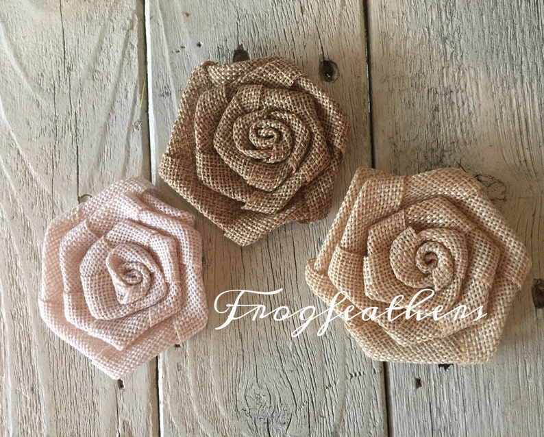 Burlap Rosettes 3 inch-Choice of three Colors-Set of 3 image 1