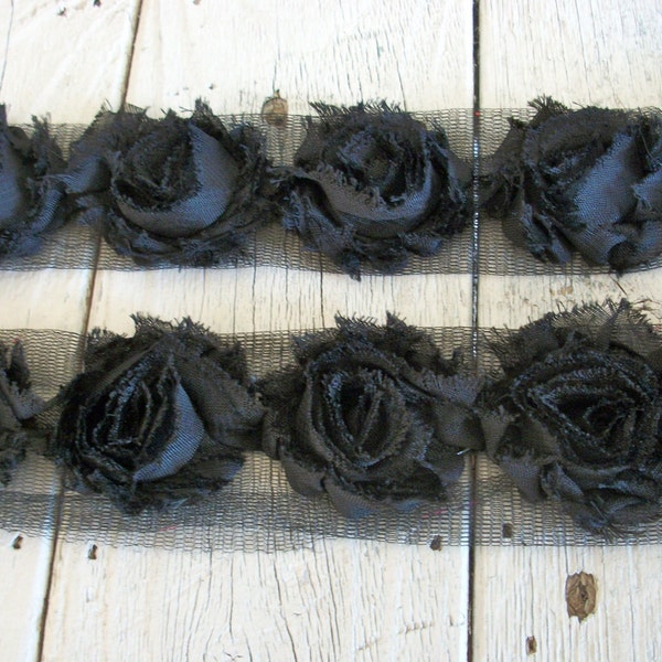 Shabby Chic BLACK MINI Rose Trim on Net-1 1/2 inch- 1/2 yard and 1 yard