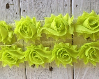 Sale-Shabby BRIGHT APPLE GREEN Mini Rose Trim on Net-1 1/2 inch- 1 yard