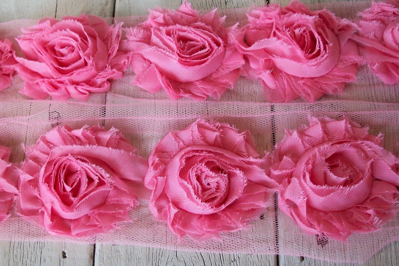 Shabby PEACH Rose Trim on Net-2 1/2 inch 1/2 yard and 1 yard image 2