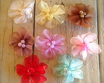 SALE!-MINI ORGANZA flowers Pearls- 1 1/2 inches-choice of 12 colors