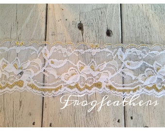 GOLD Metallic on WHITE Stretch Lace no. 399  -2 1/4 inch -5 yards for 9.40