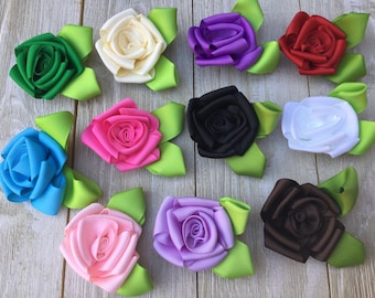 New-FLOWERS-GROSGRAIN ROSES with leaves-2.5-you choose color