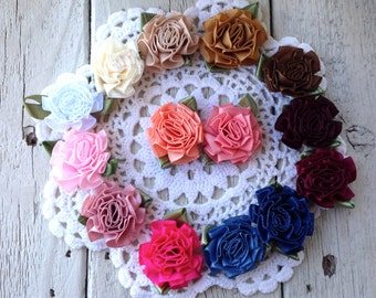 RIBBON ROSETTES with LEAVES 1 inch-Choose 15 colors