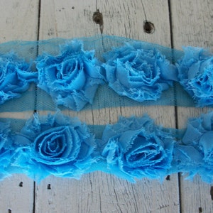 Shabby Chic SKY BLUE MINI Rose Trim on Net-1 1/2 inch- 1/2 yard and 1 yard