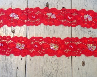 SALE! RED  FLORAL Sequin Stretch Lace-1 1/2 inch -5 yards