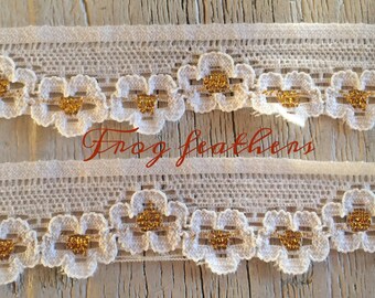 GOLD Metallic Flower on WHITE Stretch Lace  -1 inch -2 yards for 1.69