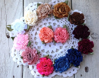 SALE!-RIBBON ROSETTES with leaves 1 inch-Choose 6 colors