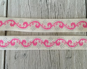 SALE-PINK SCROLL on Ivory  Elastic 5/8"- 5 yards