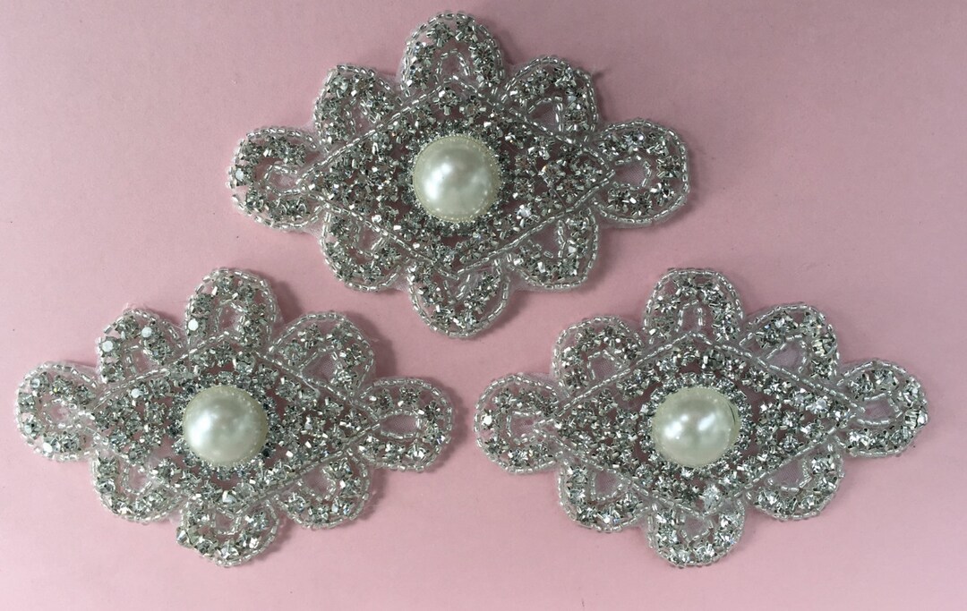 Applique RHINESTONE and BEADED With PEARL in Silver3 1/2 X 2 1/2