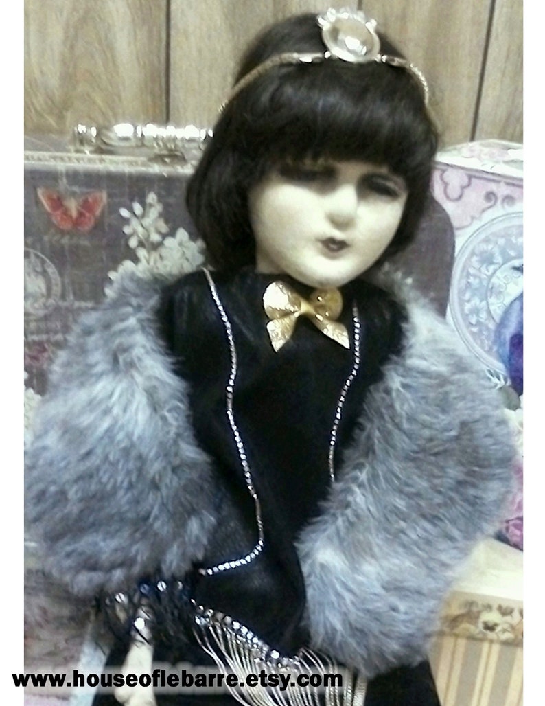 Boudoir Doll in Black Flapper Dress with Fur Stole