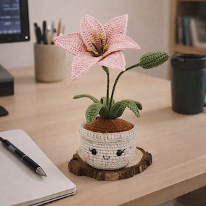 Schema e tutorial in spagnolo per un giglio in vaso, istruzioni passo passo all'uncinetto per un giglio in vaso