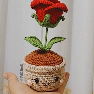 May include: A crocheted rose in a pot with a cute face. The rose is red with green leaves and the pot is brown with a beige rim. The pot has black eyes and a pink blush.