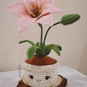 Puede incluir: Una flor de lirio rosa de crochet con hojas verdes y un capullo en una maceta blanca de crochet con una cara sonriente. La maceta está sentada sobre una rodaja de madera.