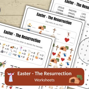 Puede incluir: Un conjunto de hojas de trabajo con temática de Pascua con el título "Easter - The Resurrection". Las hojas de trabajo incluyen búsquedas de palabras, actividades de emparejamiento y rompecabezas de decodificación. También se ve un lápiz verde y una lupa.